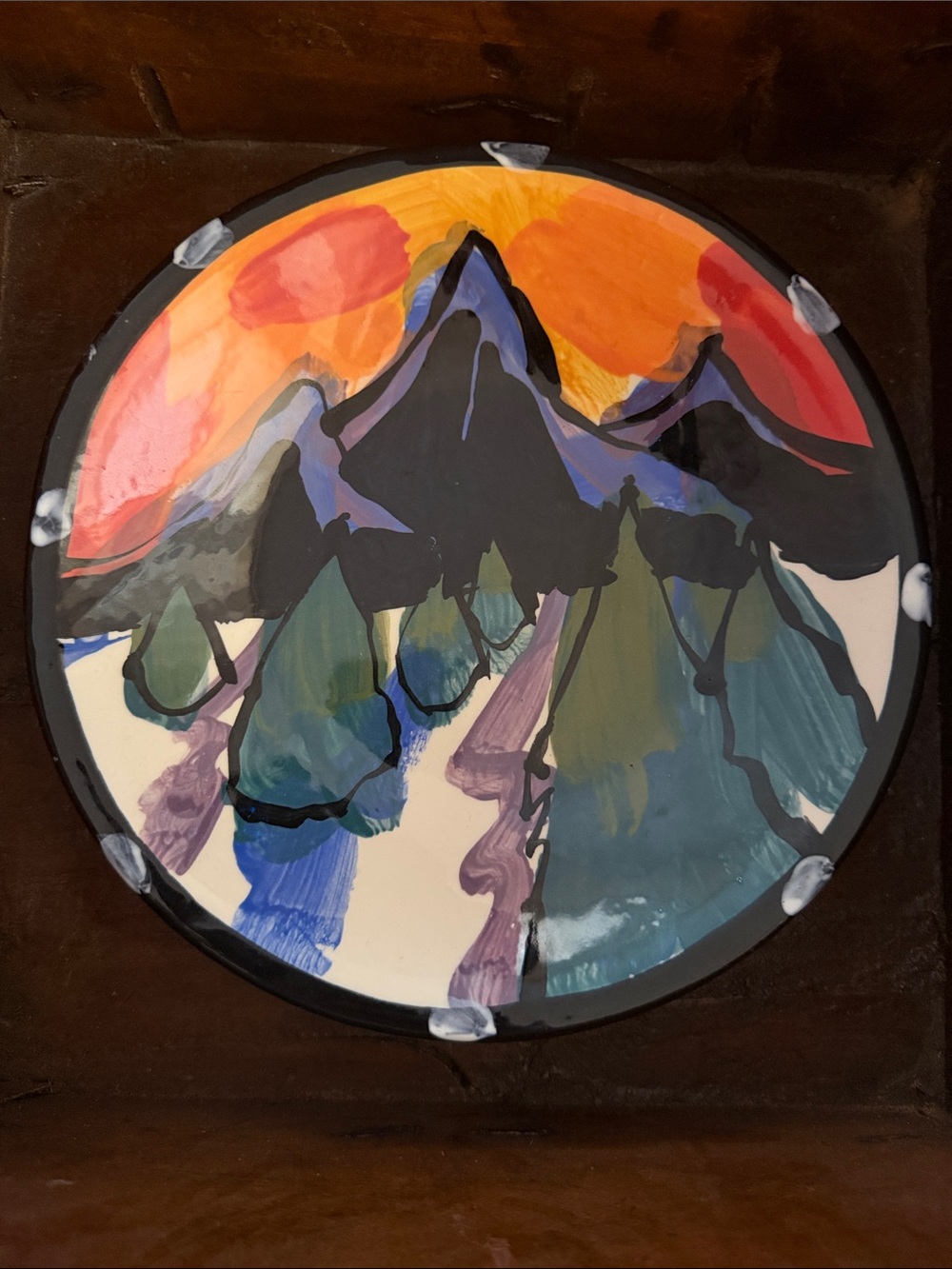 Hand-Painted Mountain Sunset Display Plate/Bowl 8” Signed